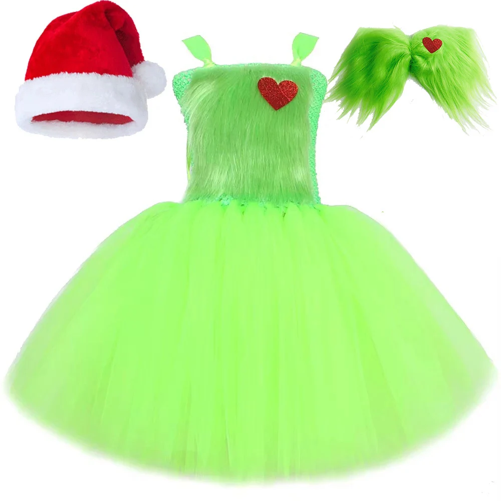 

Зеленые волосатые костюмы Санта-Клауса монстра для девочек, рождественское карнавальное платье-пачка, наряд со шляпой, детская новогодняя одежда, рождественский подарок