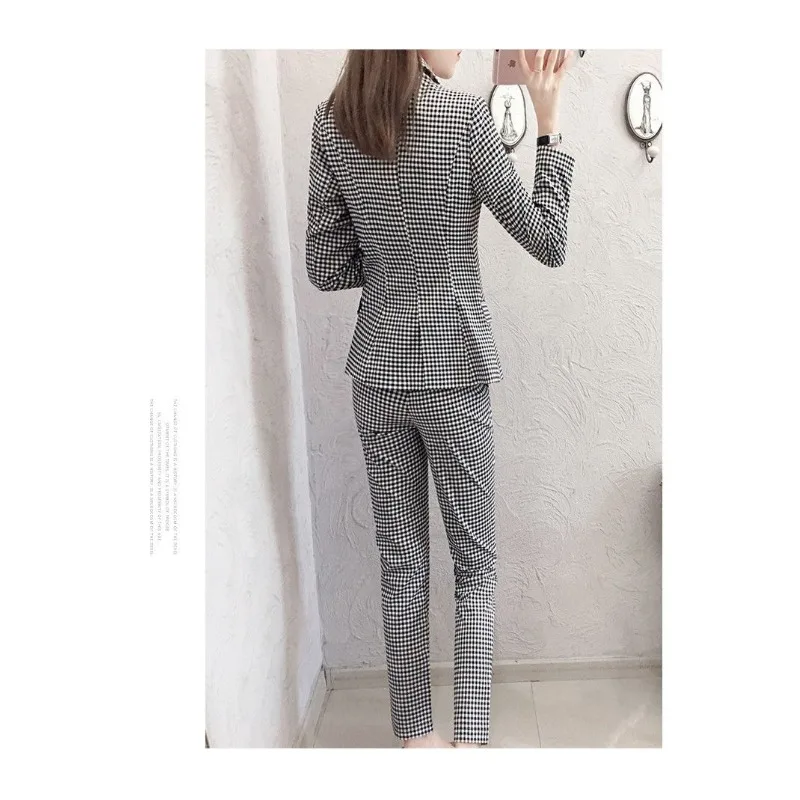 Primavera e outono nova moda xadrez terno conjunto para temperamento feminino manga comprida terno calças conjunto de duas peças