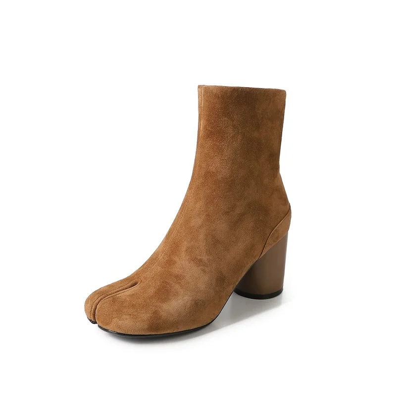 

Ankle Boots Thick Heels Sexy Women Split Toe Med Heels Real Leather Boots Fashion Side Zippers Spring Autumn Winter Woman Shoes