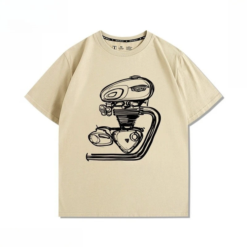 New Trendy Motorcycle Engine Modified T120 Retro Printed T-shirt for Car Enthusiasts, Men's Loose Short Sleeved Shirt