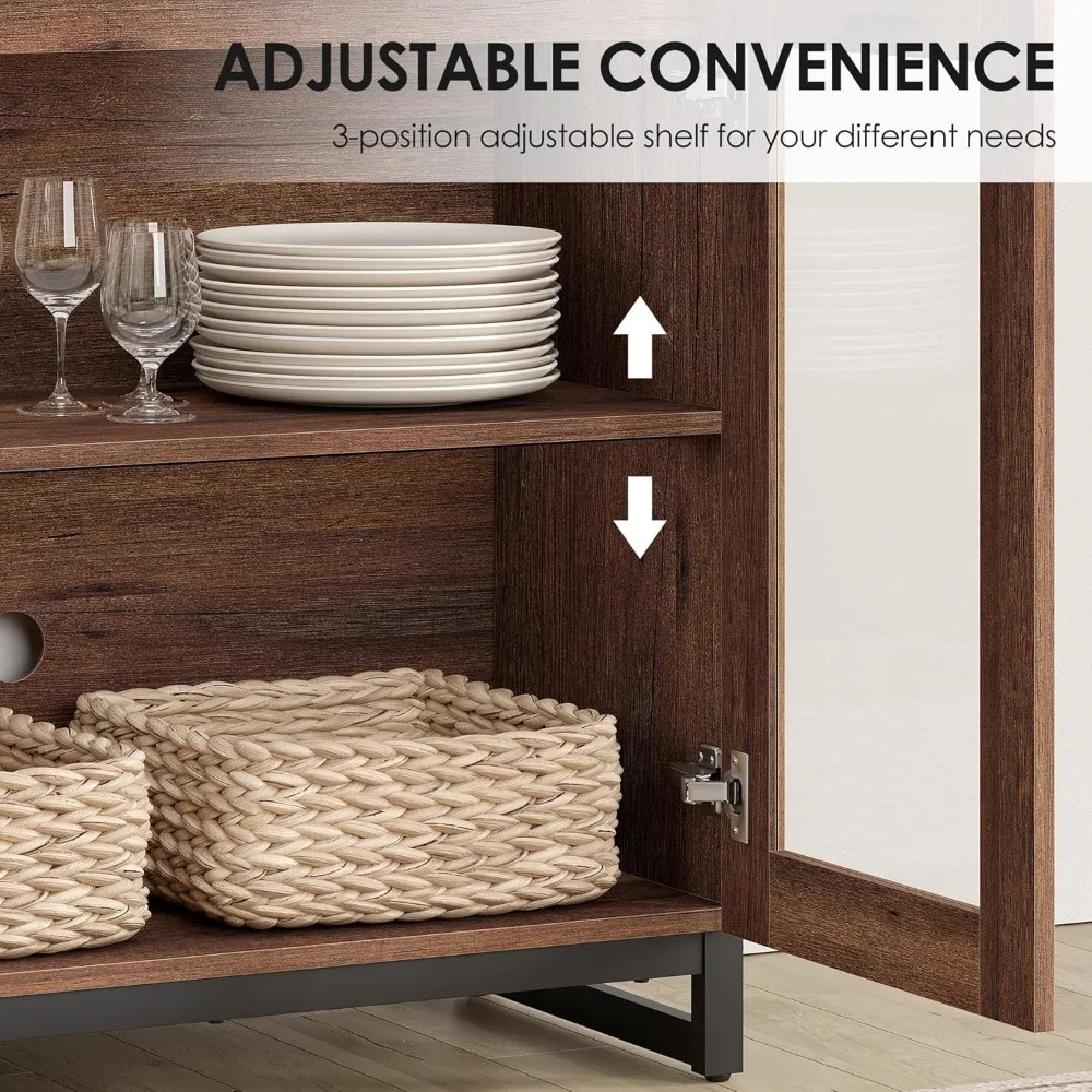 خزائن بوفيه جانبية متعددة الوظائف 2 في 1 مع 4 أبواب زجاجية، وخزانة جانبية حديثة مع رف قابل للتعديل، وبار القهوة S #6