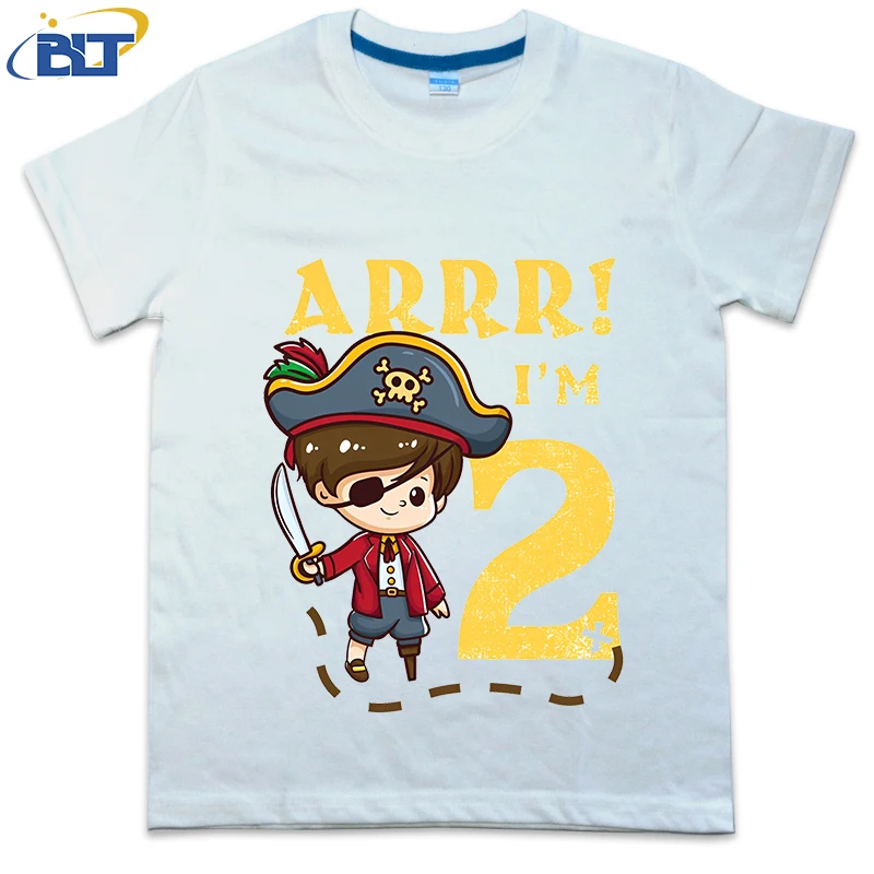 Camiseta estampada do capitão pirata infantil, blusa casual de manga curta, algodão de verão, adequada para meninos e meninas, segundo aniversário