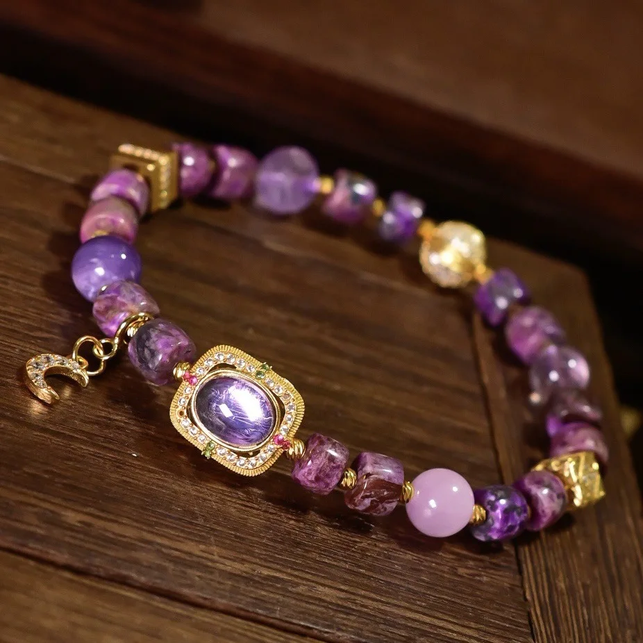 Natural Sugilite Bracelet, Charoite & Kunzite Beads S925 Silver Gold Plated, Healing Crystal Jewelry Gift for Women