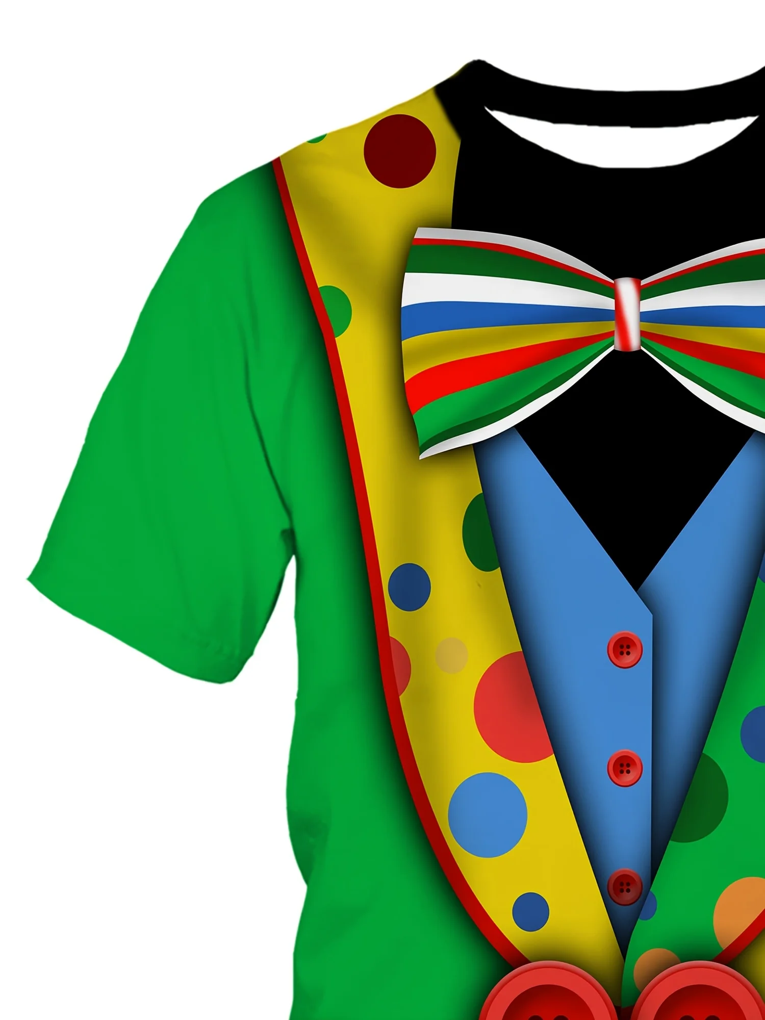 Camiseta masculina respirável de secagem rápida com padrão 3D, fantasia de palhaço brincalhão feminino com gravata borboleta falsa, mangas curtas