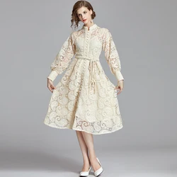 2024 Summer New Vintage Palace Style Temperament Dress Women's Hook Flower Hollow Lace Lace-up Slim Fit A-line Long Skirt
