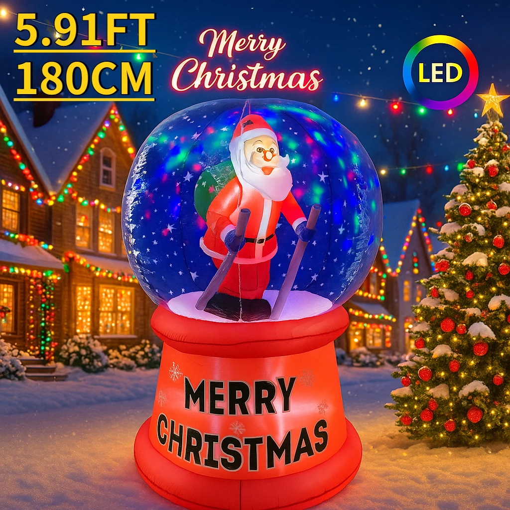 Juguetes inflables de Navidad de 5,91 pies con luces LED, suministros de bolas de cristal de Papá Noel, adornos, regalos festivos, decoraciones de patio de Navidad