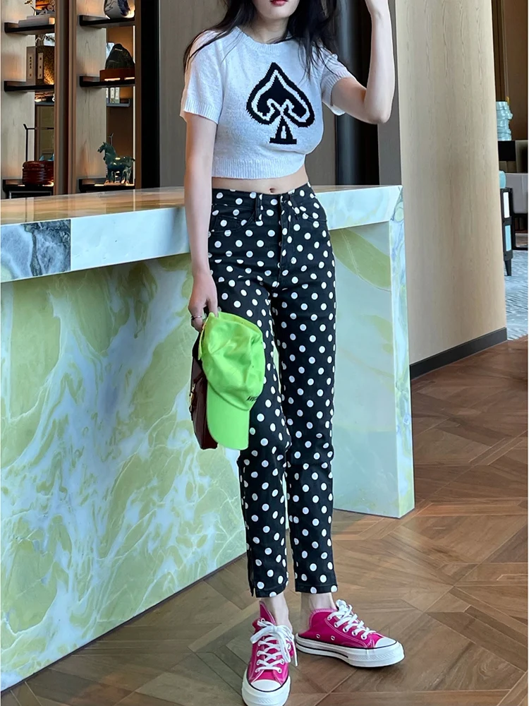 

High Waist Polka Dot Denim Skinnies Women's Casual Split Elastic Nine-Point Pencil Pants Autumn Faion plus Size Bla