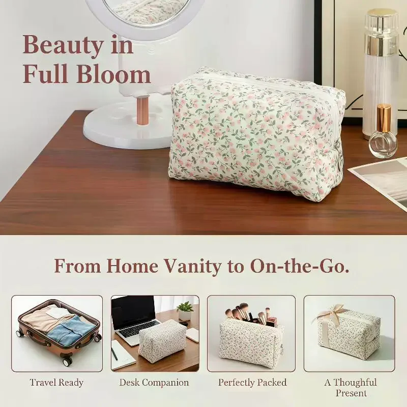 Cute Pink Floral Quilted Makeup Bag Portable Coin Storage Travel Zipper Bag Multi-Purpose Cosmetic Storage Pouch