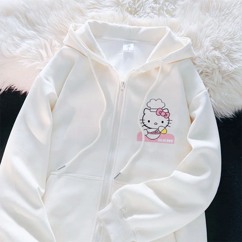 Chaqueta de manga larga con estampado de Hello Kitty para mujer, chaqueta versátil con cremallera, Top de dibujos animados de Disney, color blanco,