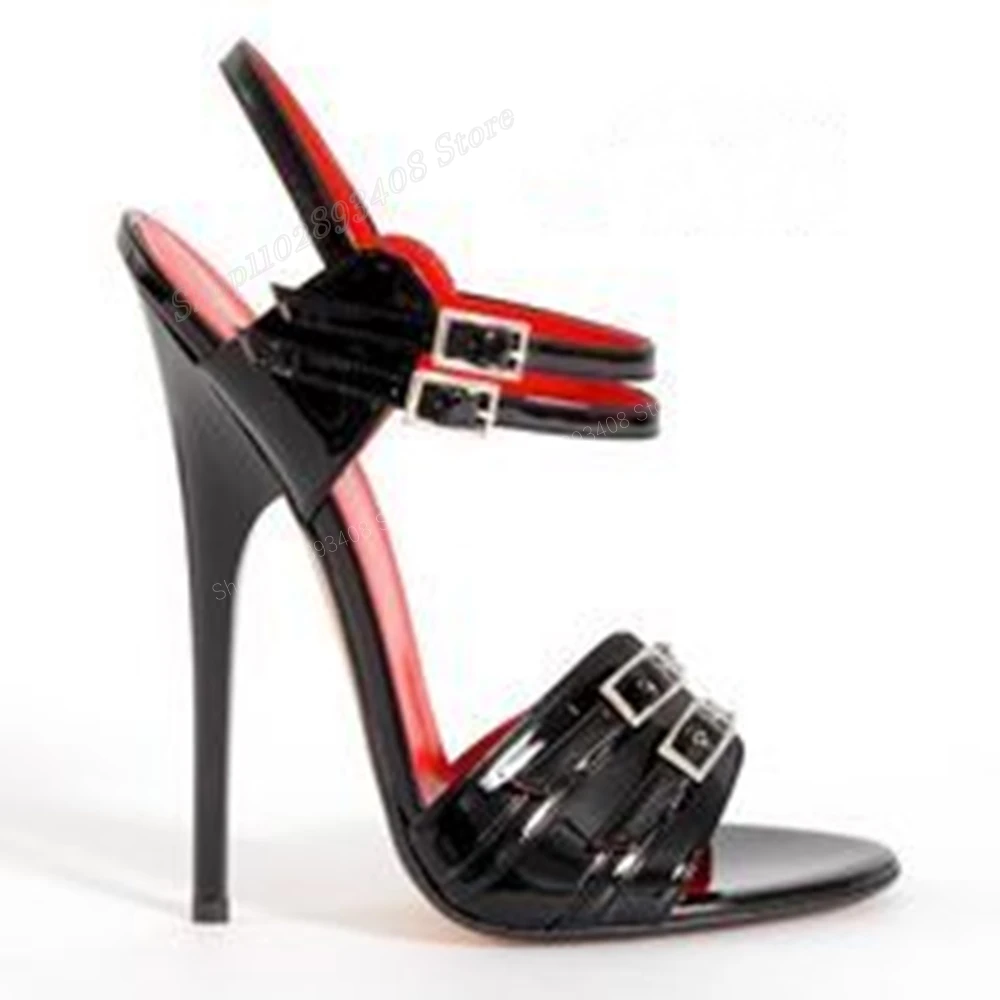 

Black Buckle Belts Decor Sandals Open Toe 16cm Stiletto High Heel Patent Leather Women Shoes 2024 Summer Zapatos Para Mujere