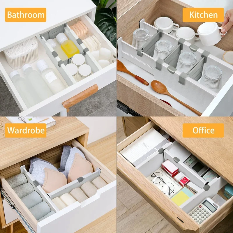 Organizzatore divisori per cassetti da 4 confezioni con 6 inserti da 4 pollici di altezza espandibile da 11-17 pollici per camera da letto