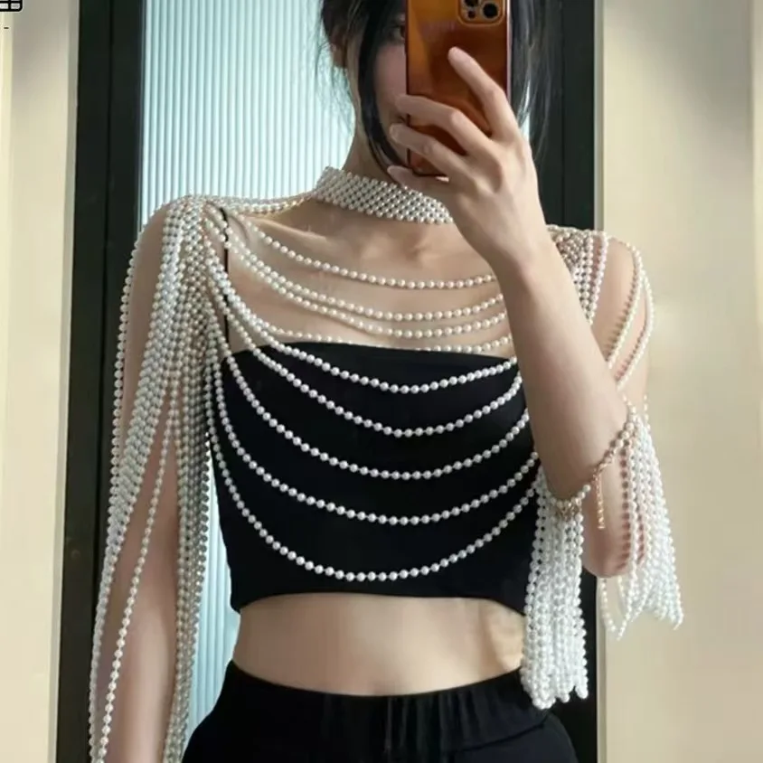 Vintage Lustrous White Round Bead Cape Long Sleeve Off Shoulder Bridal Statement Body Jewellery Wedding Photo Prop Accessory