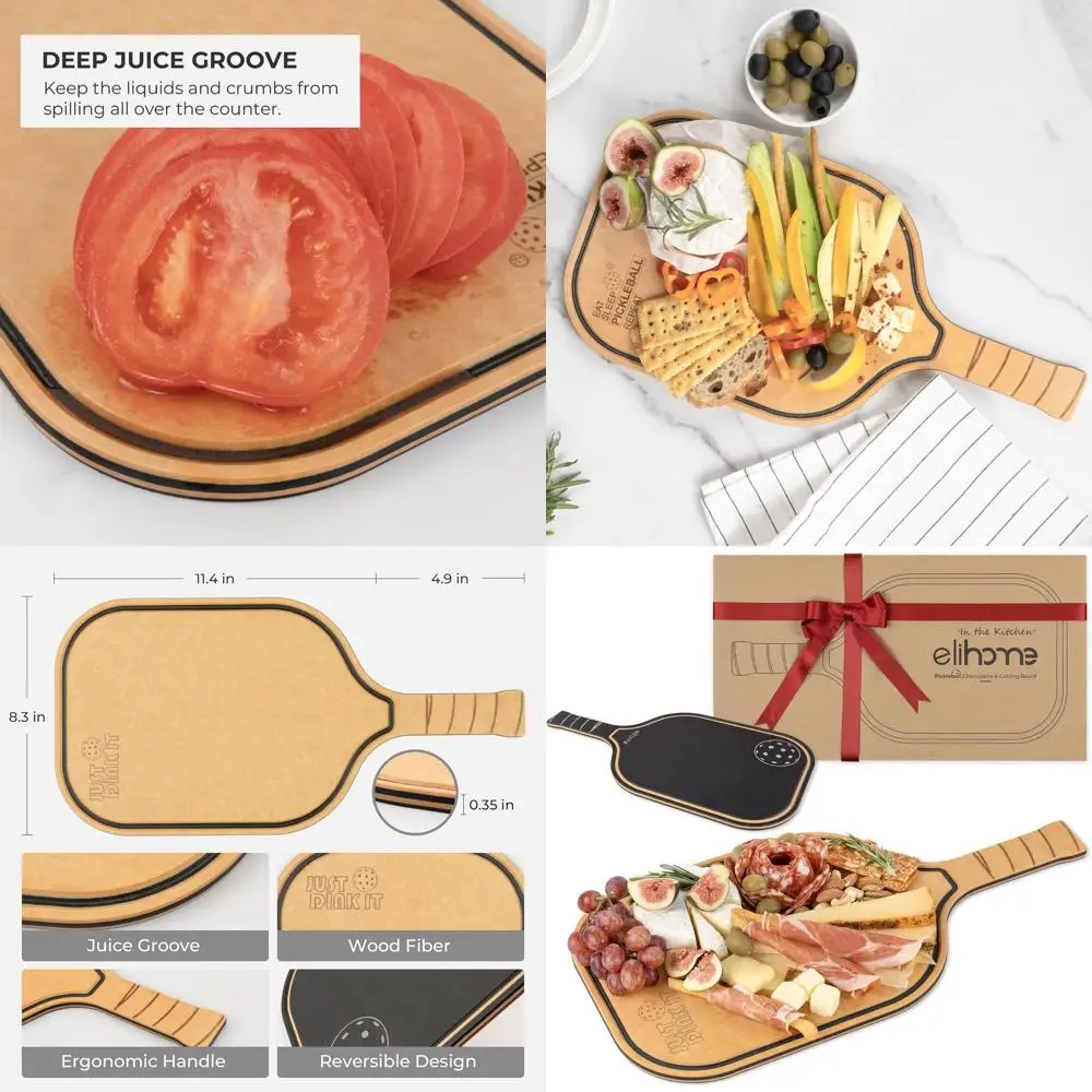 

Pickleball-Themed Charcuterie Board, 16x8.5 Wood, Reversible, Dishwasher Safe, Paddle Shape with Handle, Just Dink It Juice Groo