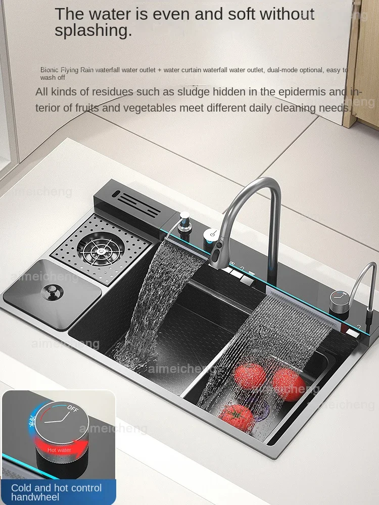 Imagem -05 - Grande Pia de Cachoeira Única para Cozinha com Lixeira Lavatório Multifuncional de Vegetais e Louças Aço Inoxidável