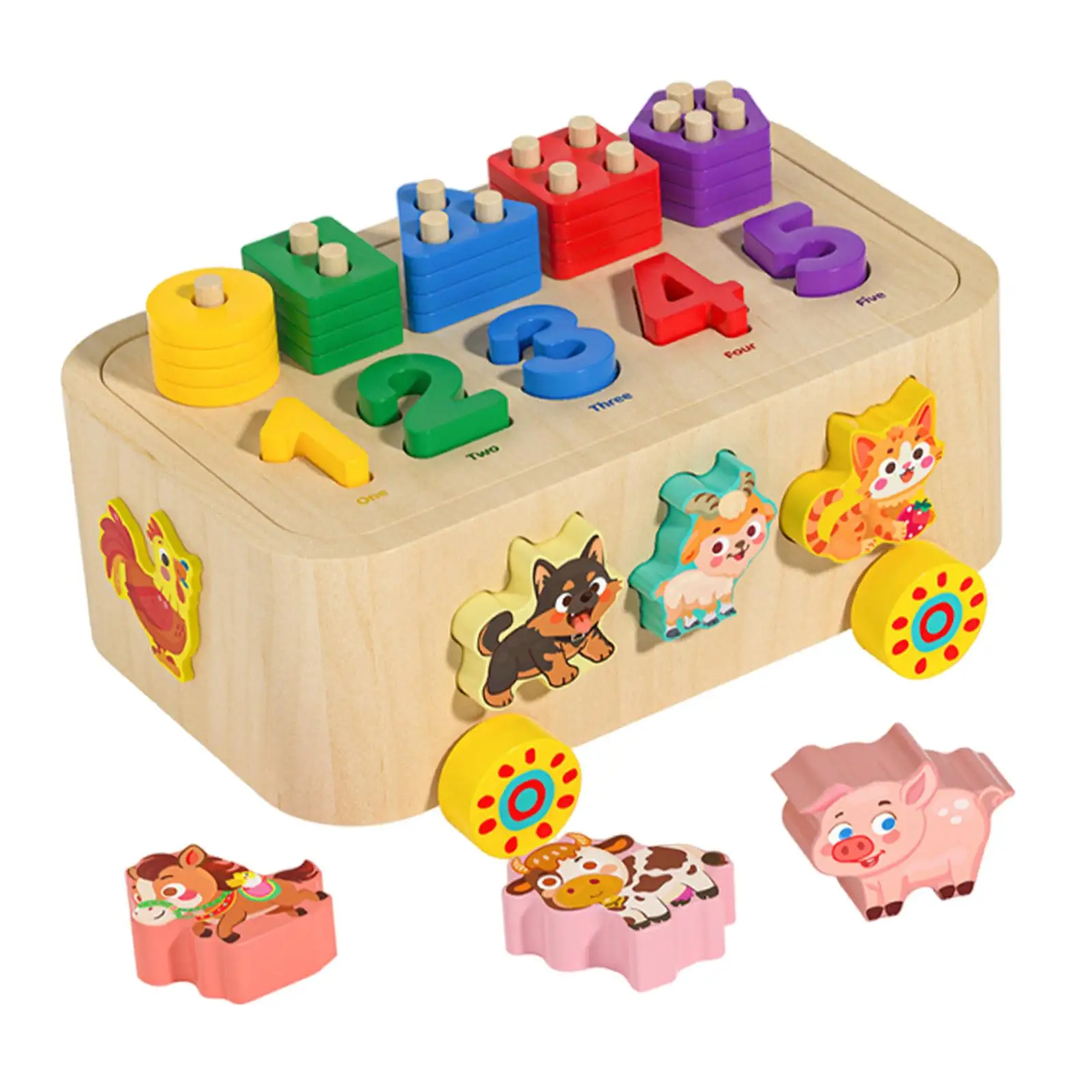 Color Number and Shape Matching Set Adorable Fun Children ,Wooden Beading Stacking Toy Building Blocks Cart Educational Toy