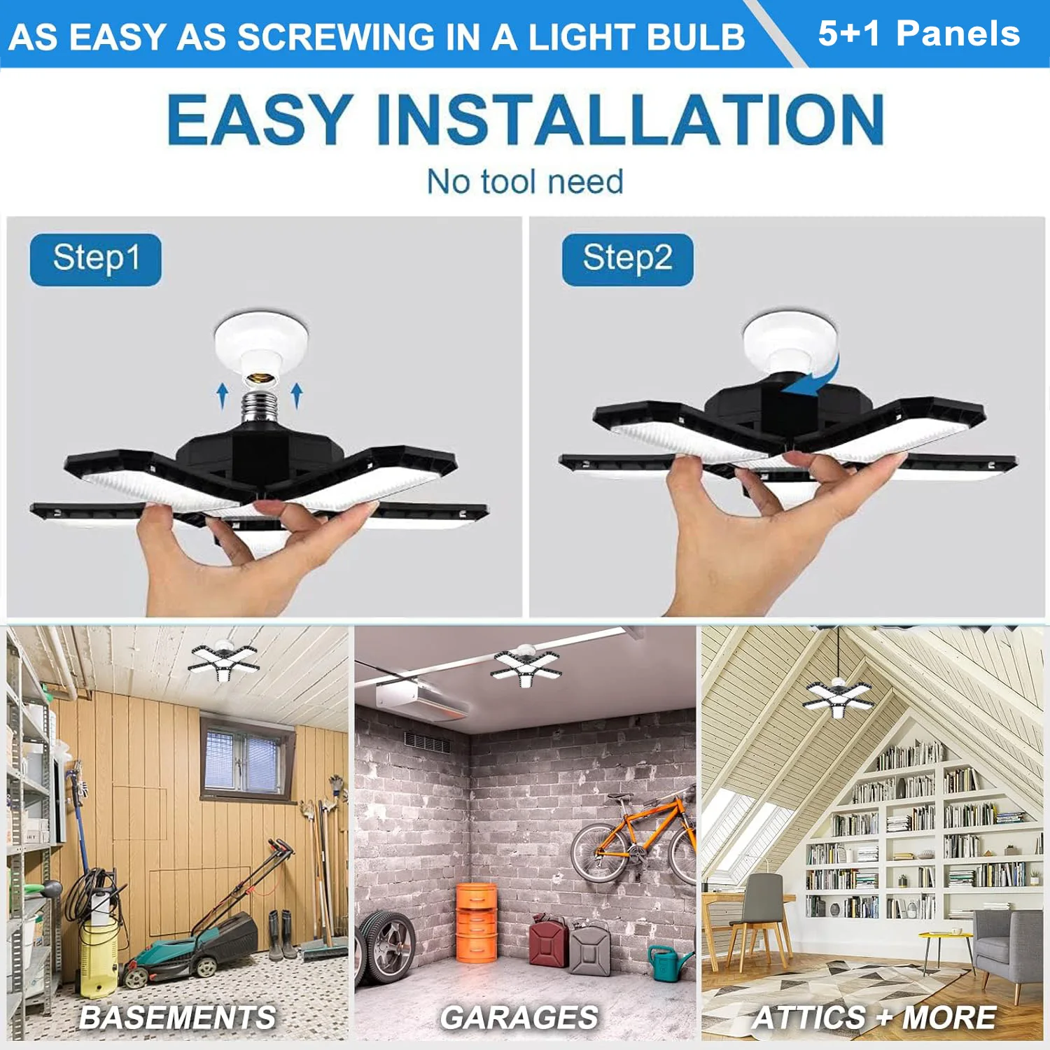 LED Garage Light Bulbs, Super Bright Garage Lighting with 5 Adjustable Panel E27 Screw Socket LED Shop Light for warehouse