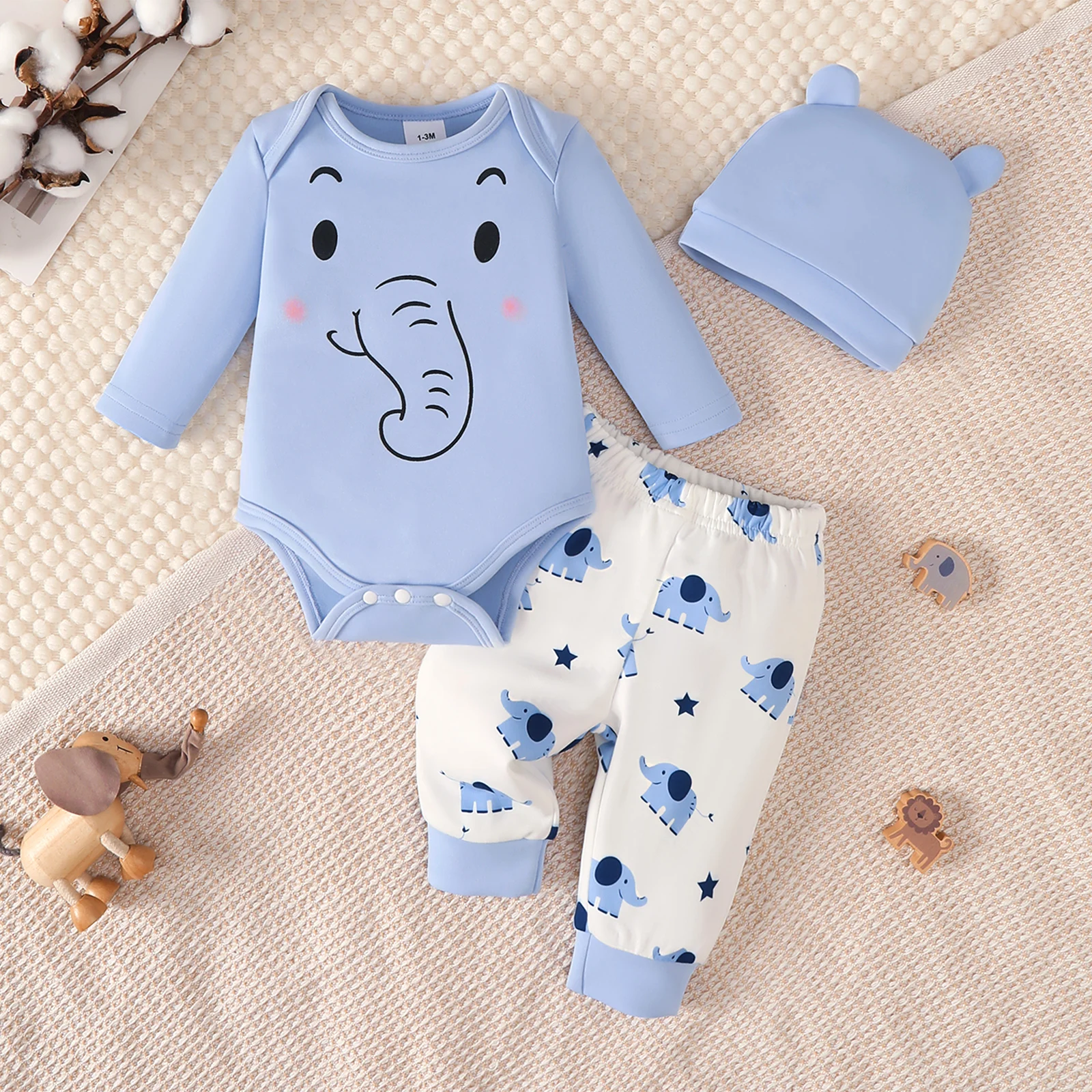 Baby Boy Set Solid Color Cute Small Elephant Bodysuit+Pants+Hat 3Pcs Suitable 0-12 Months Newborn Baby Boy Daily Crawler Suit