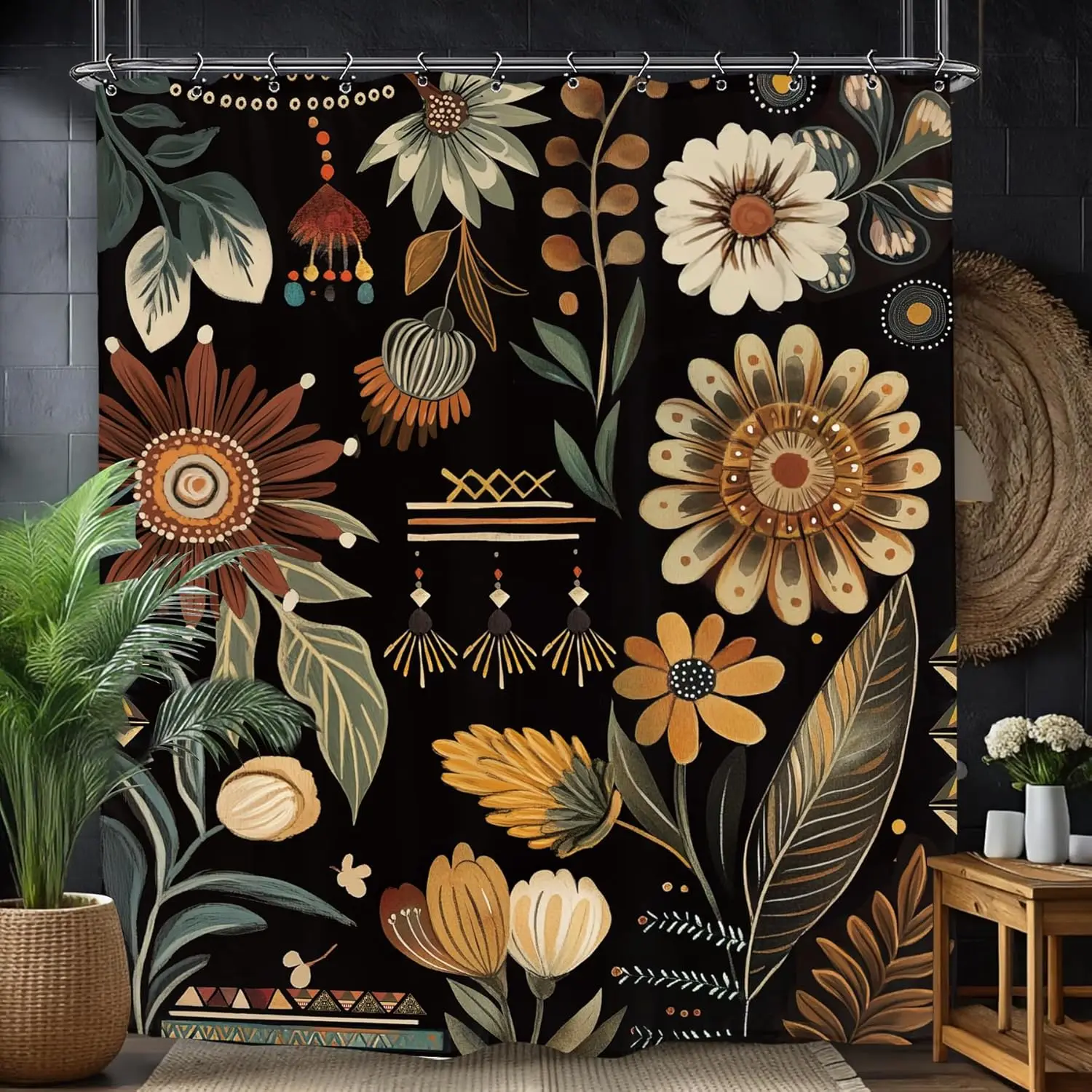 

Black Flower Botanical Shower Curtain, Vintage Bohemian Blossom Plant Theme Bathroom Decor