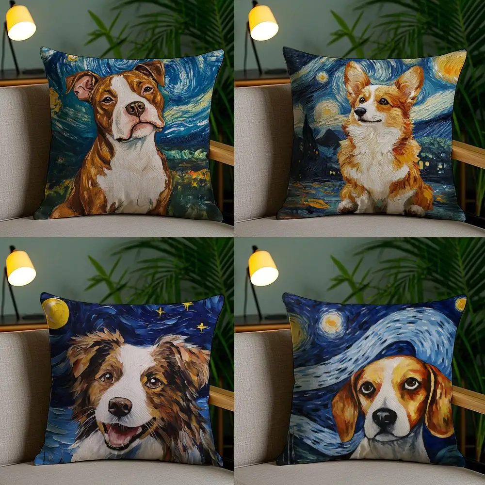 Catoon Starry Sky Dog Cushion Cover Plush Fabric Soft Double-Sided Printed Sofa Living Room Home Decor Throw Pillow Cover