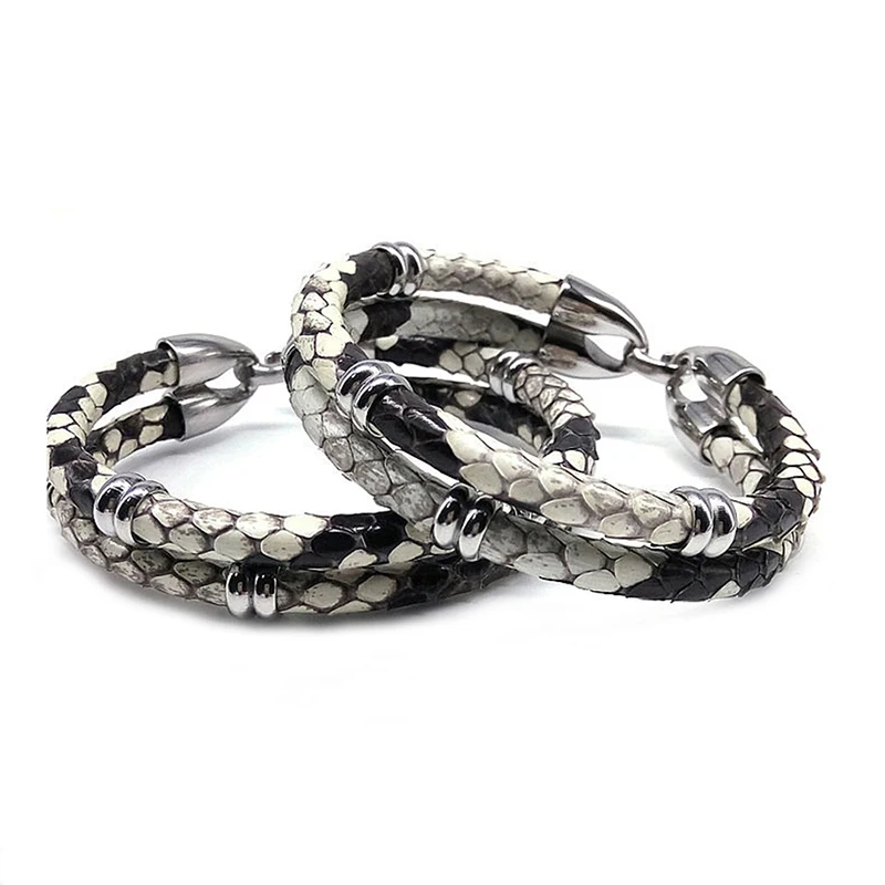 Real Python Skin Leather With Steel Buckle Bracelet With Beads Bracelet
