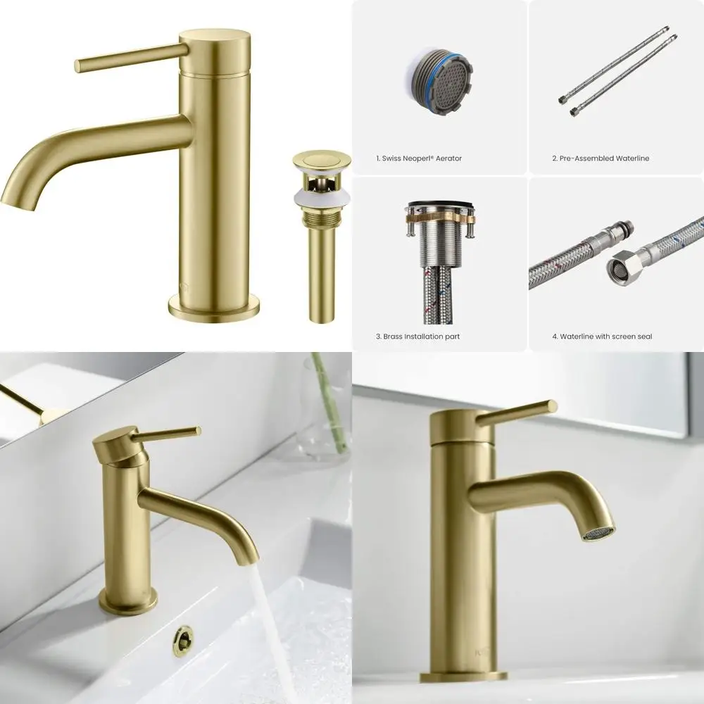 KIBI Grifo para lavabo de baño de oro cepillado con drenaje emergente – Diseño circular de una sola manija, construcción de latón macizo – Duradero y