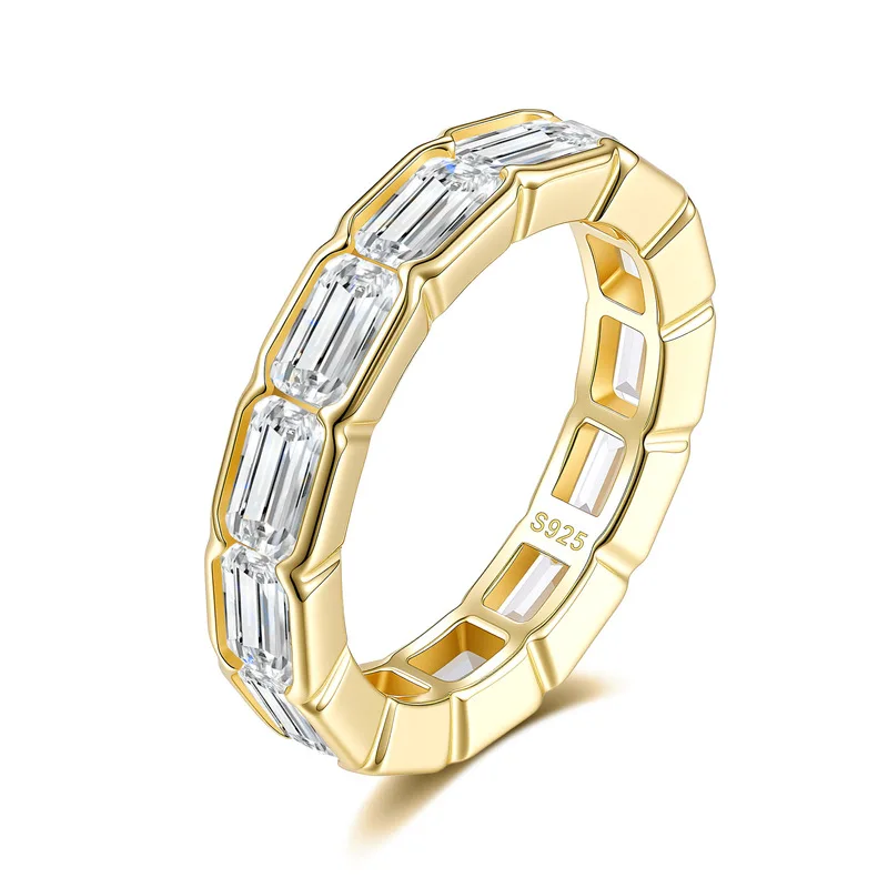 S925 Silver 18K Gold-Plated Women's Emerald-Cut Row Ring with Lab-Grown Diamond & Moissanite  Custom & Wholesale