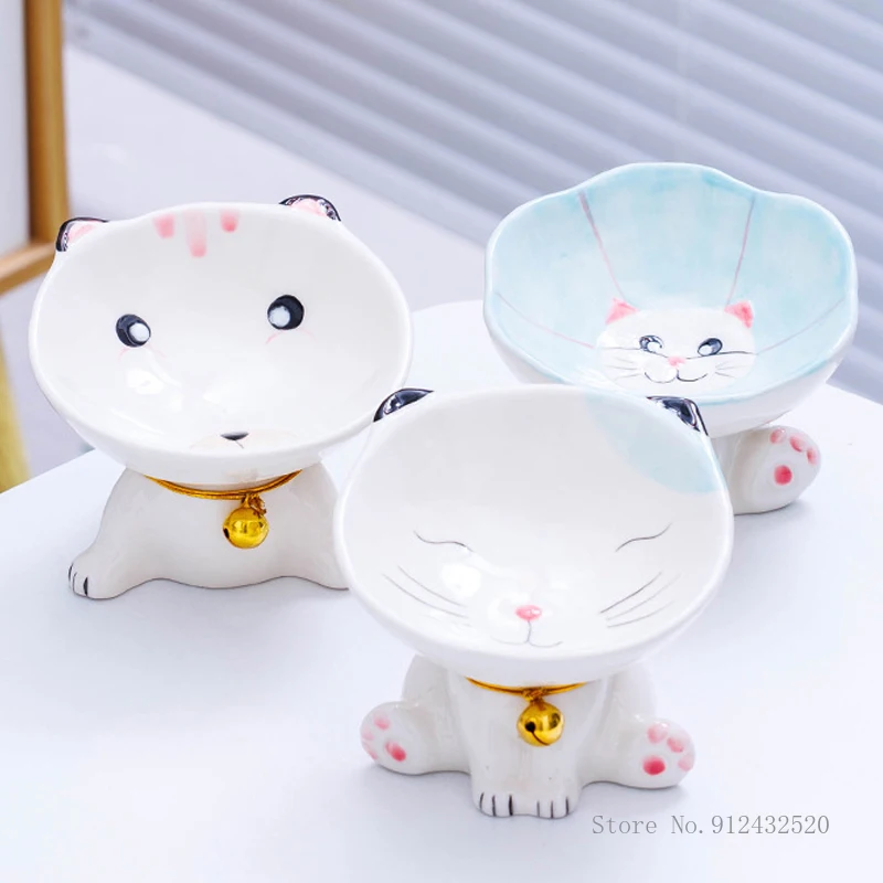 Creative Ceramic Pet Dog Drinking Water Anti Black Chin Anti Overturning Oblique Mouth Protection Neck Cat Eating Basin Bowl 1Pc