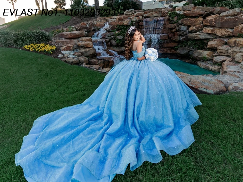 EVLAST Maßgeschneidertes glänzendes himmelblaues Ballkleid-Quinceanera-Kleid mit glitzernden Applikationen und Perlen, Kristall, Sweet 16, Vestidos de 15 Anos E1Q916