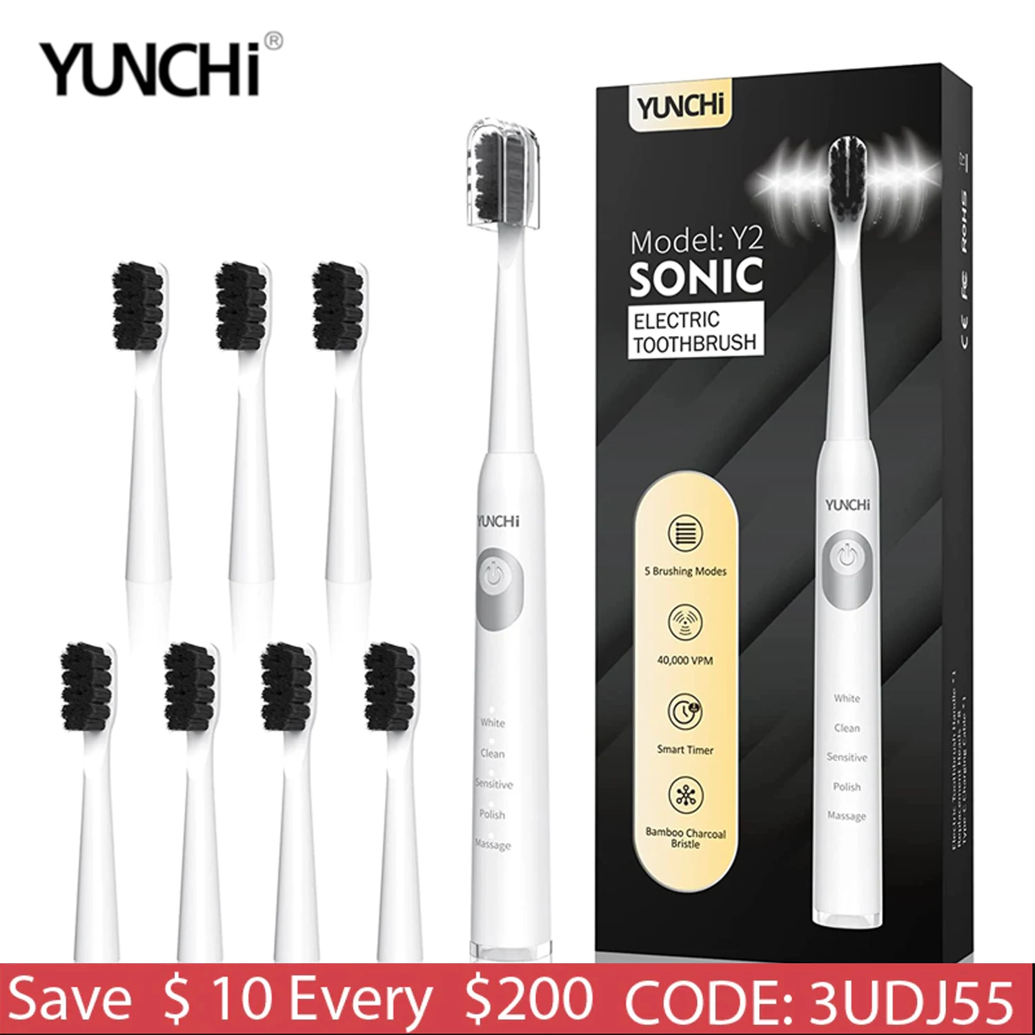 YUNCHI Y2 Sonic Electric Toothbrush 5 Modes 2 Minutes Timer With 8 Charcoal Replacement Brush Heads USB Rechargeable IPX7 Brush