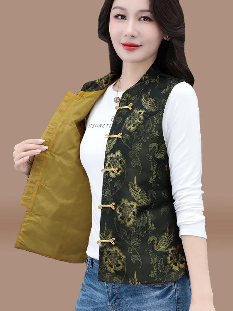 

Новая женская жилетка в китайском стиле, весенне-осенняя верхняя одежда, модная, для мам, с коротким рукавом, с карманами, повседневный стиль, полиэстер F...