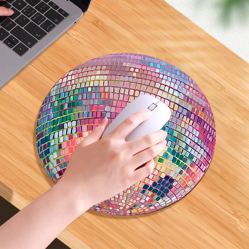 Rubber Round Pink Disco Ball Mouse Pad - Aesthetic Desk Accessory for Office Laptop Computer - Ideal Gift for Girlfriend Women