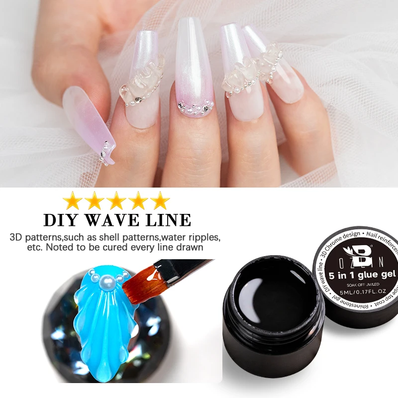 BOZLIN 5 in 1 Glue Gel Reinforcement Gel No Wipe Top Coat Nail Art  Soak Off UV Gel Varnish 3D Chrome Design Super Diamond Gel