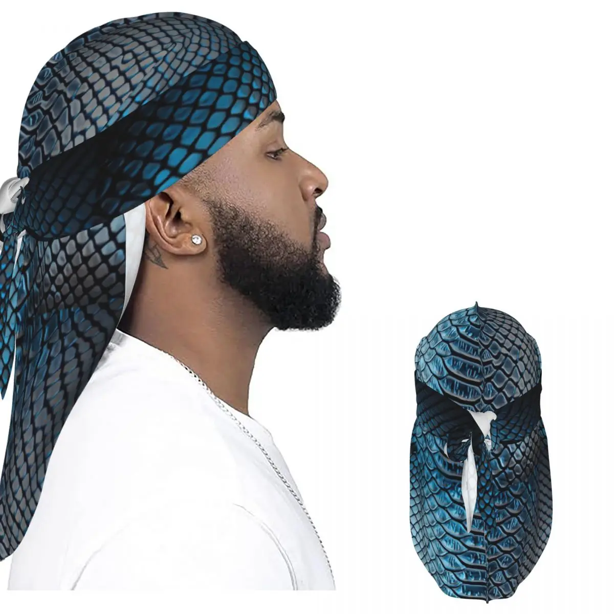Men Satin Durag Long Tail Doo Rag Snake Skin Texture Background Hip Hop Headwrap Hair Scarf