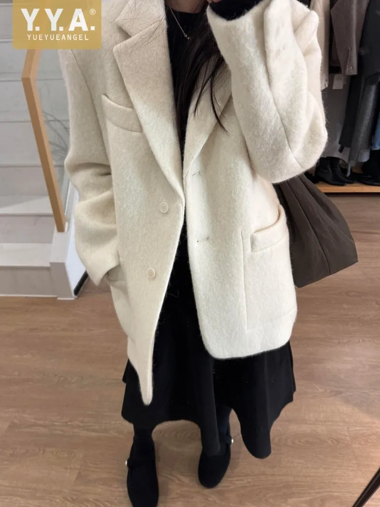 Winter Women Korean Style Fashion Tweed Turn Down Collar Single Breasted Loose Fit Mid Long Style Coat Elegant Ladies Overcoat