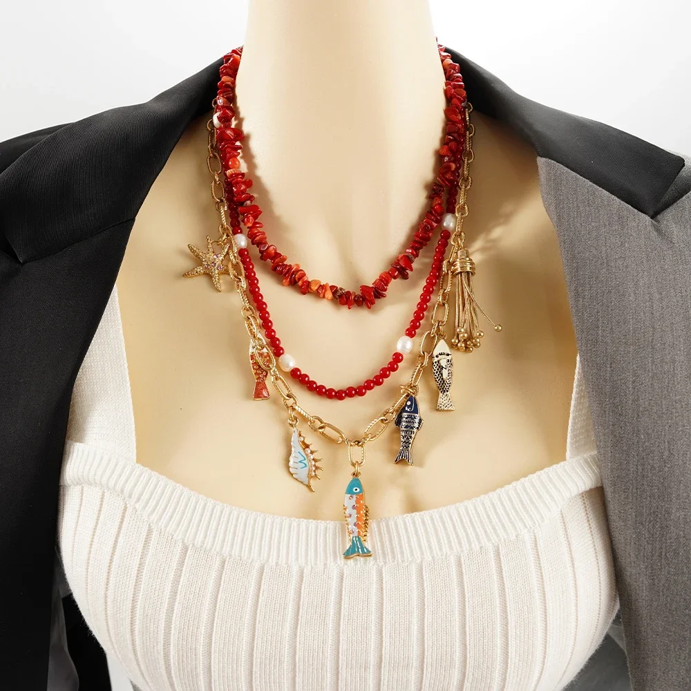 

Stainless Steel Fish Necklace Stacked Stone vintage Accessories pendant Beach jewelry Stacked Beads Red Necklace for women
