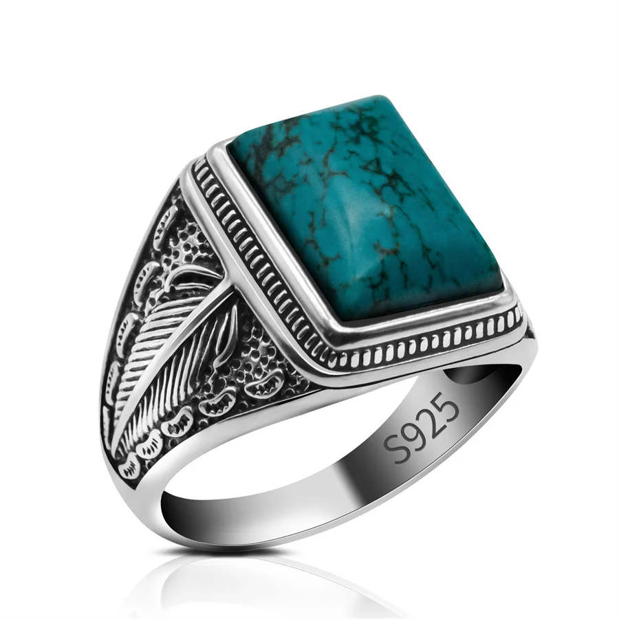 Genuine 925 Sterling Silver Ring with Rectangle Turquoise Stone Handmade Vintage Turkish Silver Men Ring