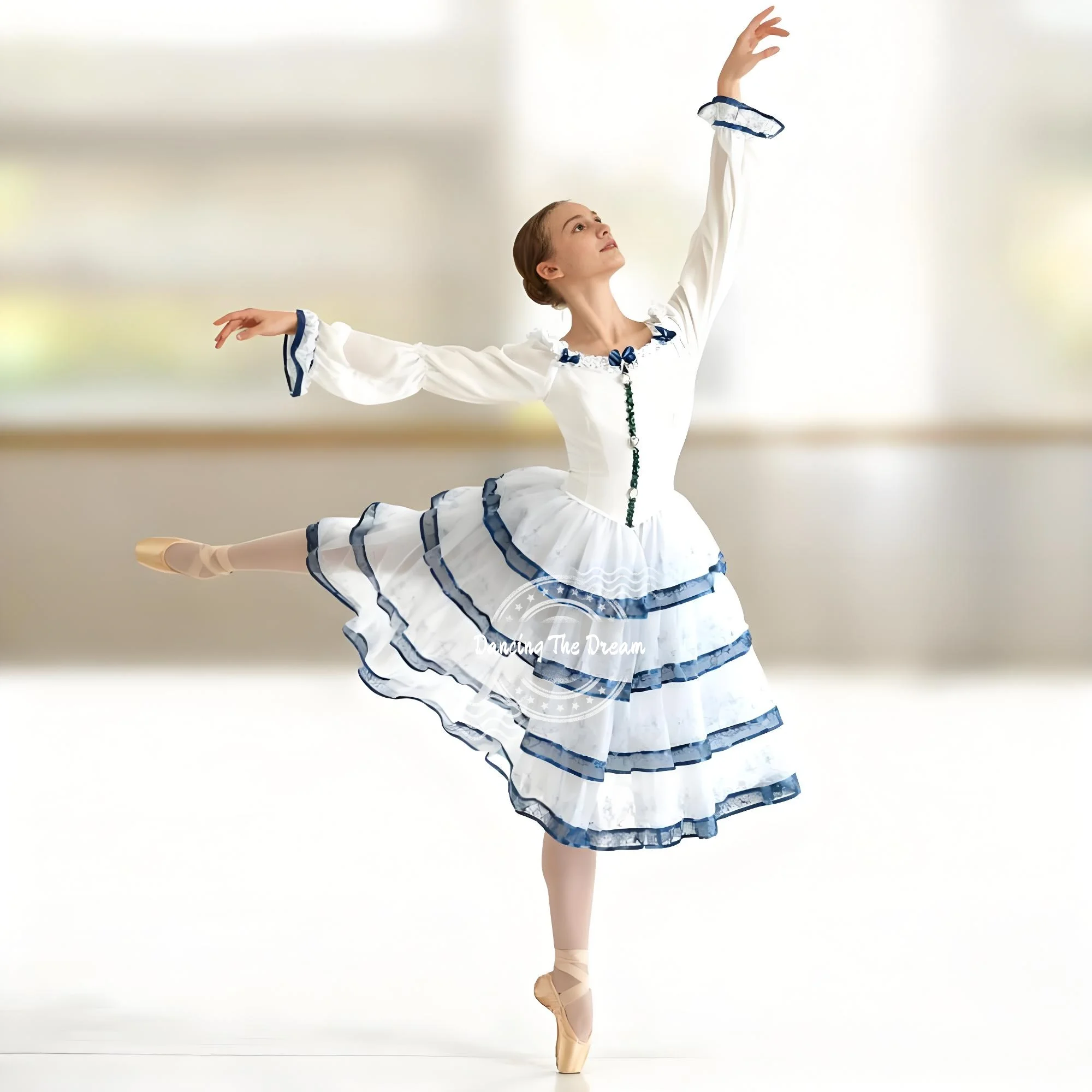

Exquisite White & Blue Embellished Long - Sleeve Ballet Gown