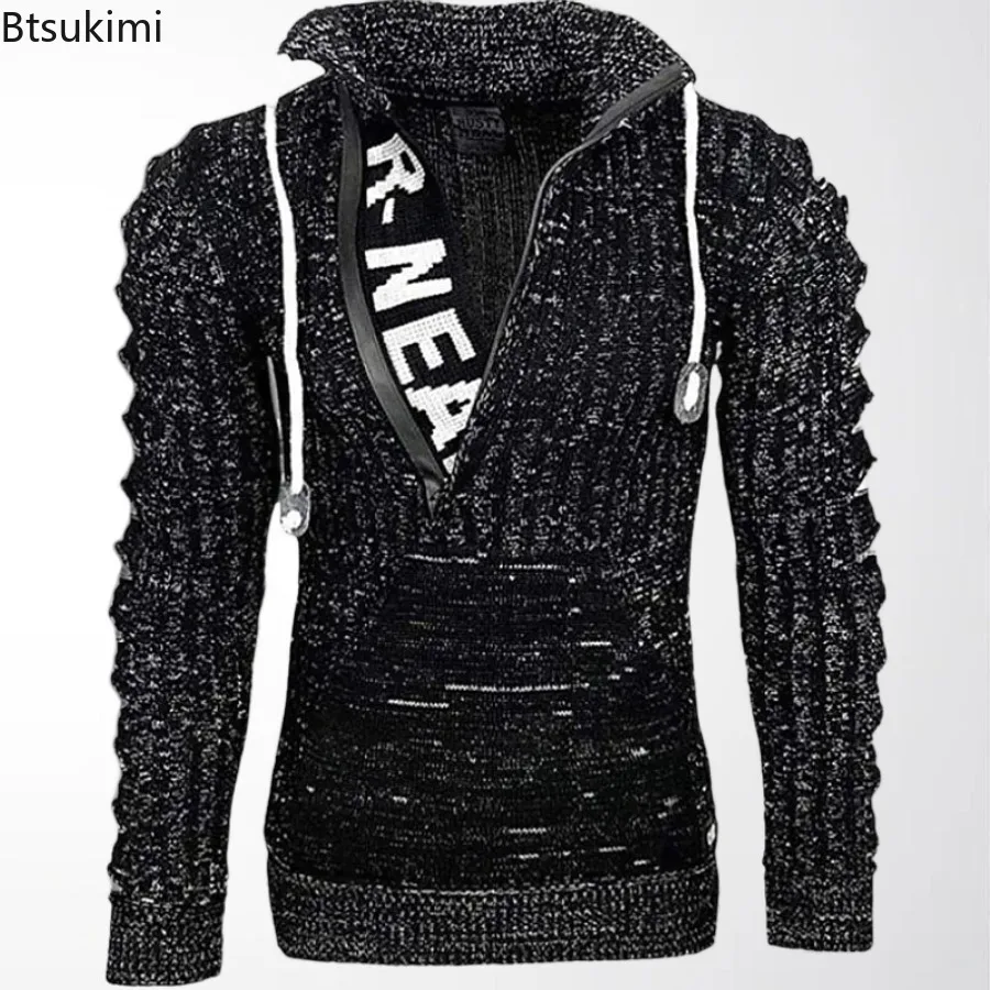 

Мужские вязаные свитера-пуловеры на осень-зиму с воротником-стойкой, в стиле ретро, уличная мода, хип-хоп, повседневные, с карманами