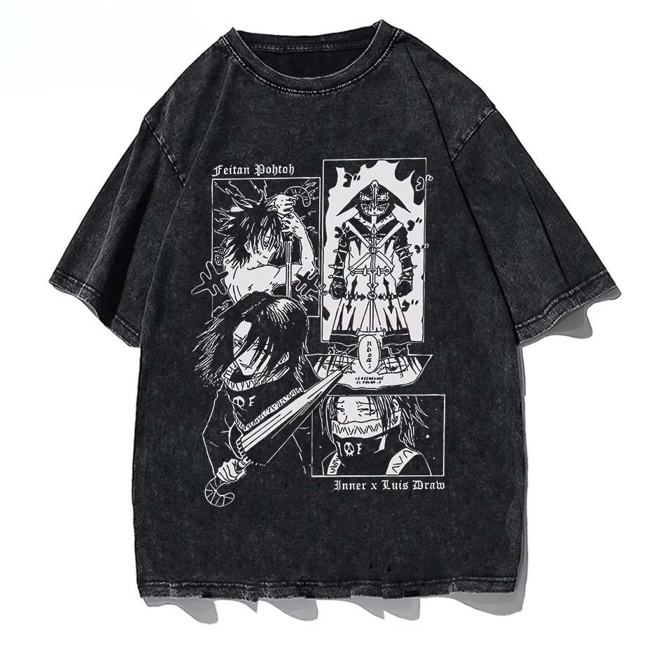 Feitan Hunter X Hunter Graphic Washed Cotton T‑shirt Unisex Round Collar Casual Short Sleeve Harajuku Streetwear Casual Tops