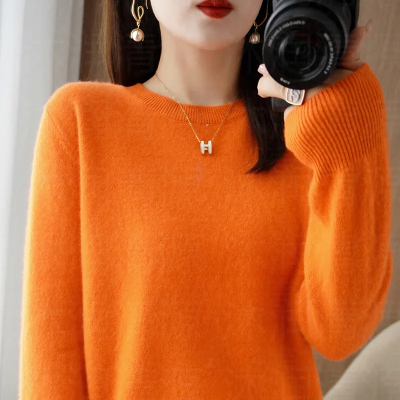 Pull à col rond pour femme, chemise à manches longues, haut tendance, document solide, automne et hiver, nouveau
