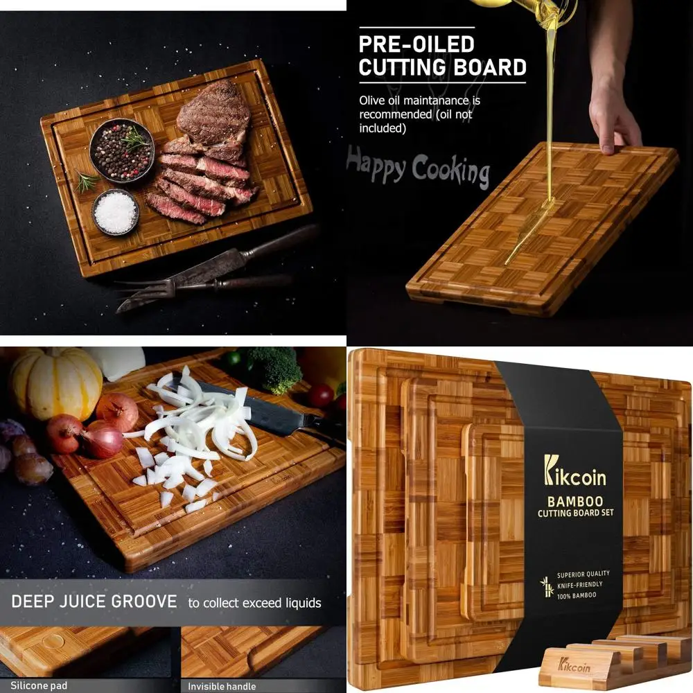 

Triple Set of XL Bamboo Chopping Boards with Juice Groove, Kitchen Butcher Block & Serving Tray