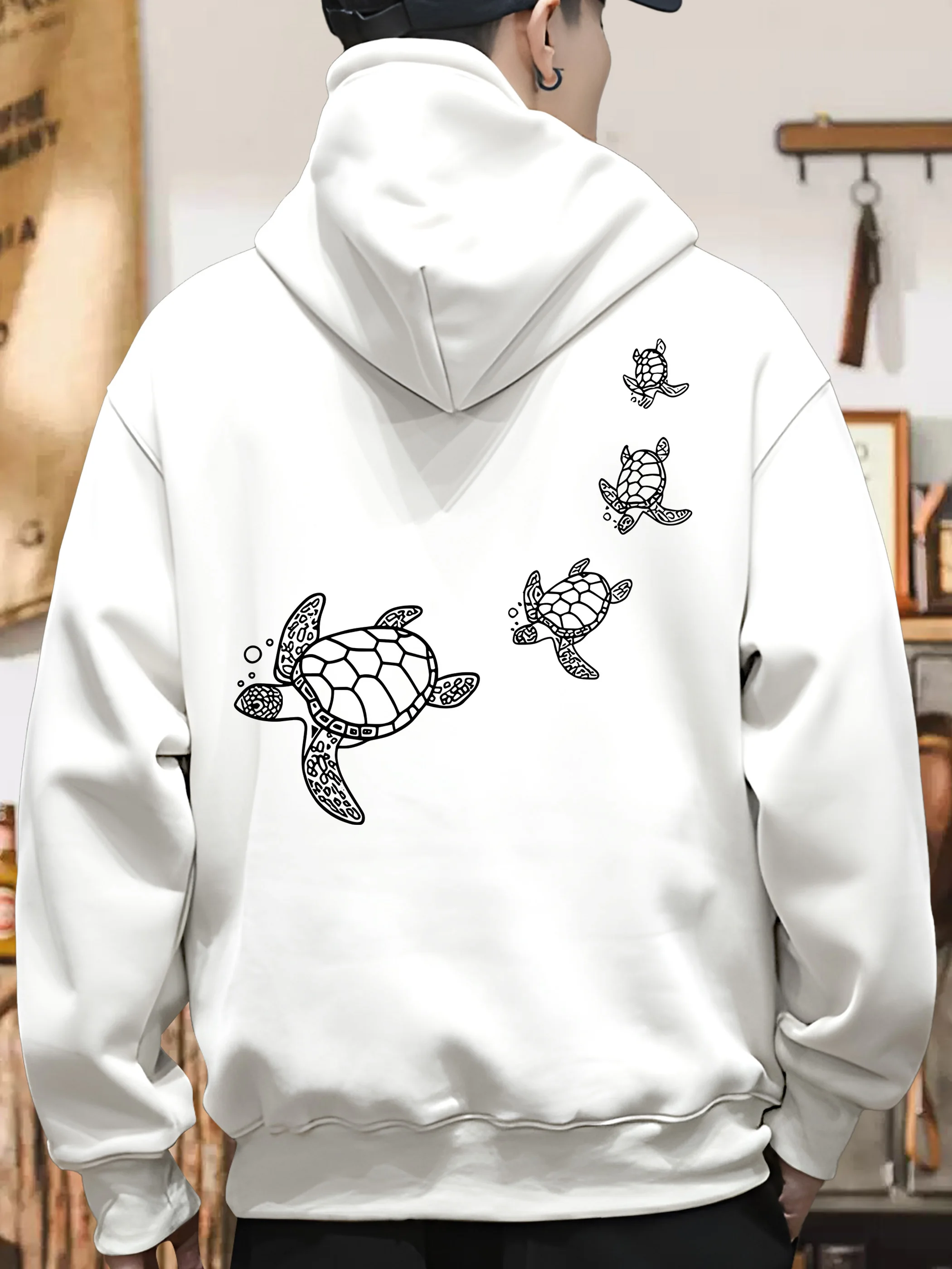 Ocean Nature Men's Hooded Sweatshirt - Turtle Family Simple Pattern Print - Street Retro Casual Fashion Kangaroo Hooded T-Shirt