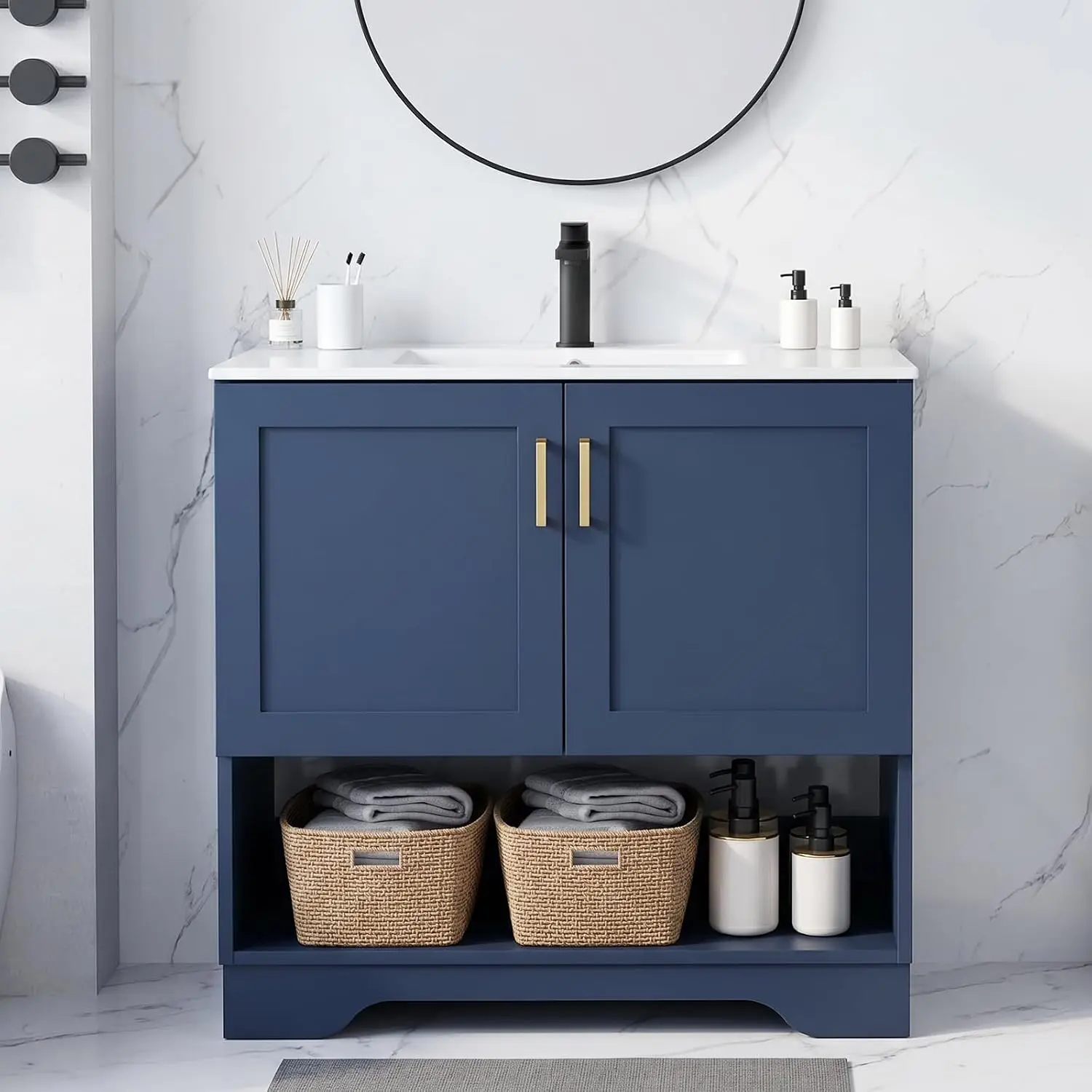 bathroom vanity with integrated sink, double-door storage and open bottom shelf,Ceramic Countertop & Waterproof, Customized
