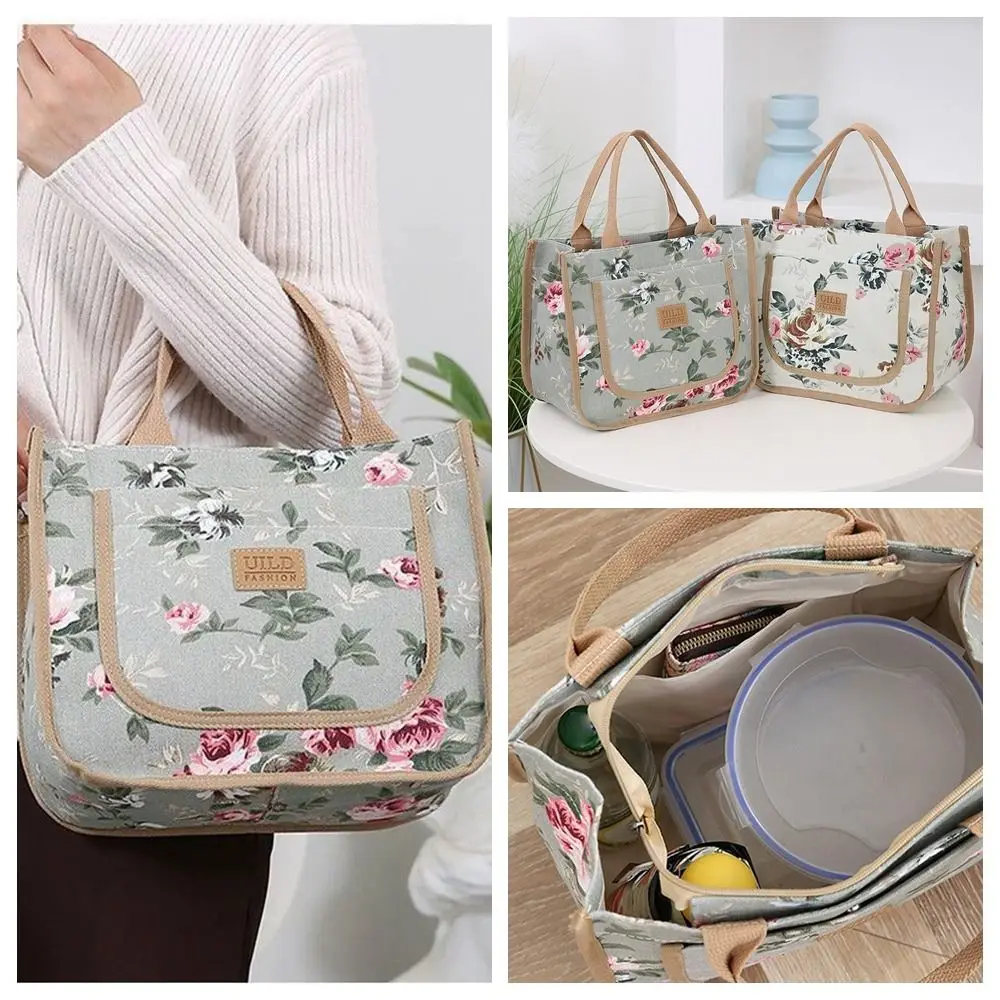 

Food Storage Bag Insulated Floral Print Lunch Bag Flower Foil Lining Canvas Handbag Zippered Japanese Style Tote Bag Women