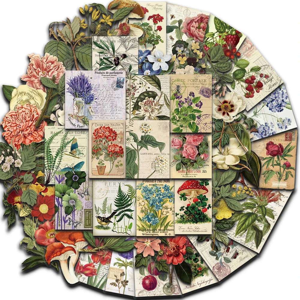 50PCS Retro Plants Art Style Stickers Decoration Plant PET Waterproof Scrapbooking Stationery Computer Paper Creative Stickers