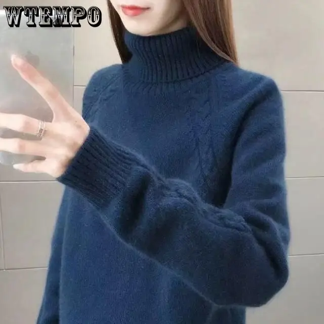 WTEMPO Sweater Women\'s Turtleneck Knitwear Pullover Solid Long Sleeve Fluffy Trending Jumper Autumn and Winter Knitwear Top