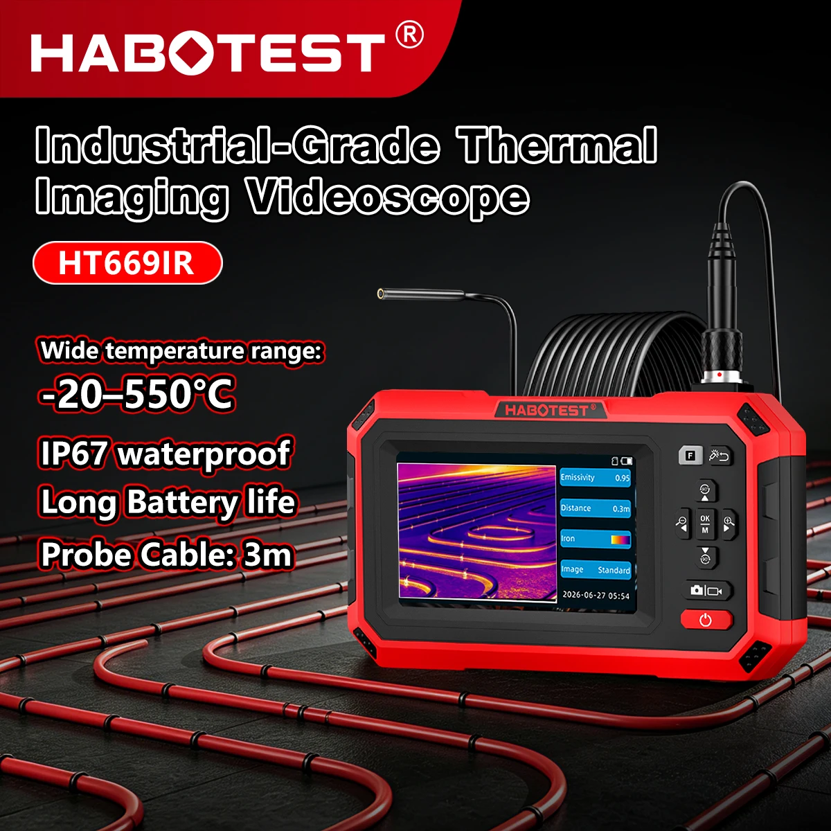 HT669IR Thermal Imaging Endoscope Industrial Borescope 3M 5.5mm Probe 4.3 Inch IR Thermal Imager for Floor Heating Auto Pipeline