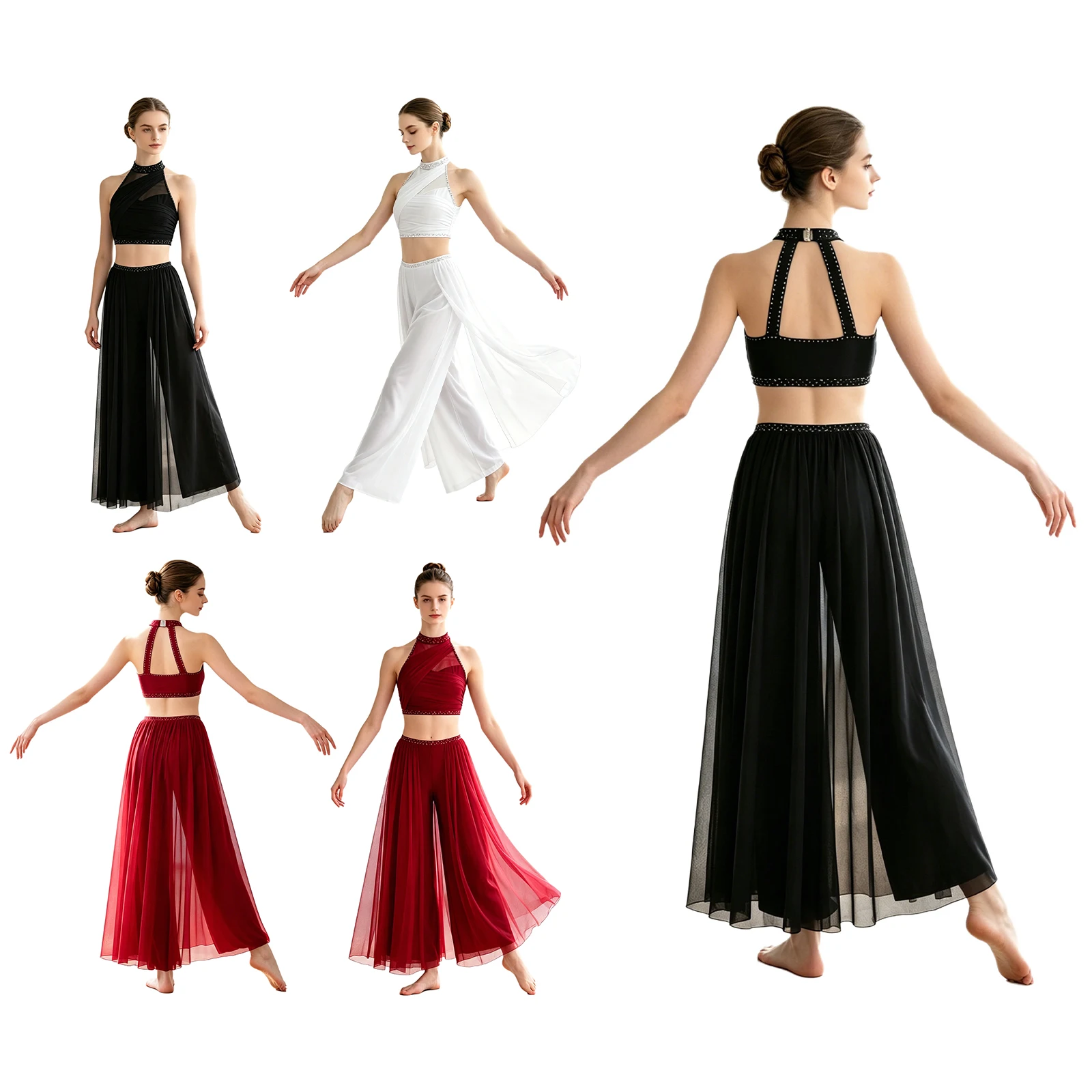 Women Lyrical Dance Shiny Outfit Ruched Mesh Backless Halter Crop Top And Wide Legs Mesh Skirt Pants for Modern Stage Dancewear