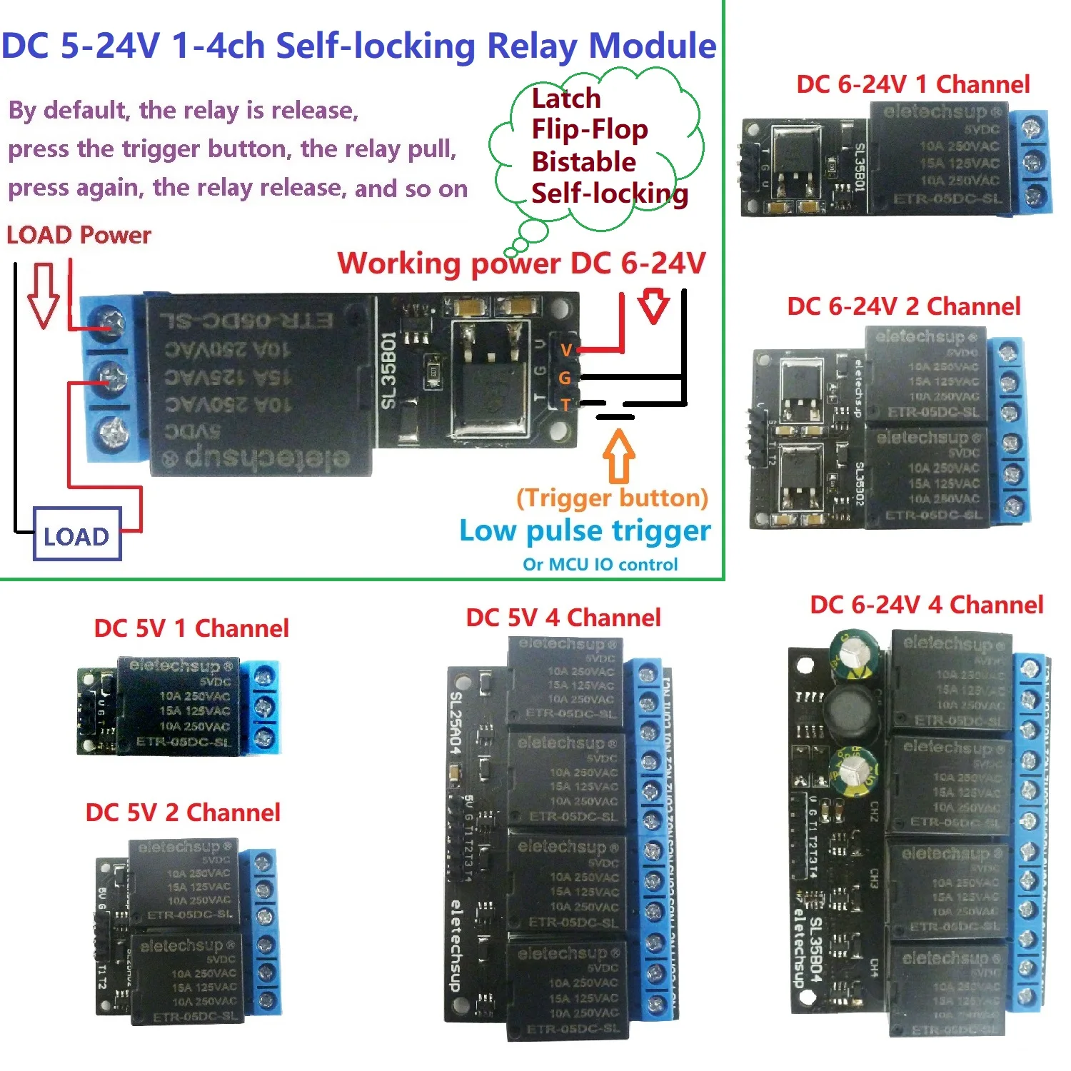 5V-24V 1-4CH Flip-Flop Relay Module with Bistable Self-locking Trigger for Time Switch Control in PLC Board