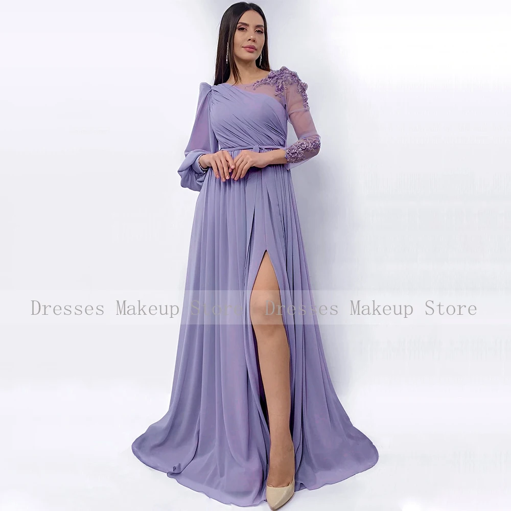 Lavender Evening Dress Long Sleeves 3D Flowers A Line  Gowns for Women Sash Scoop Side Slit Chiffon Elegant Prom Dresses